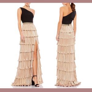 NWT IEENA Mac Duggal [ 6 ] 26541 One Shoulder‎ Ruffle Tiered Gown Metallic Gold